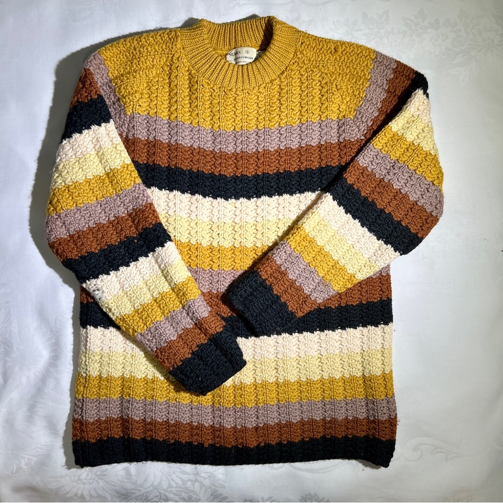 VTG 1960s Sears Striped 100% Wool Chunky Crochet Open Knit Made In USA Sweater
